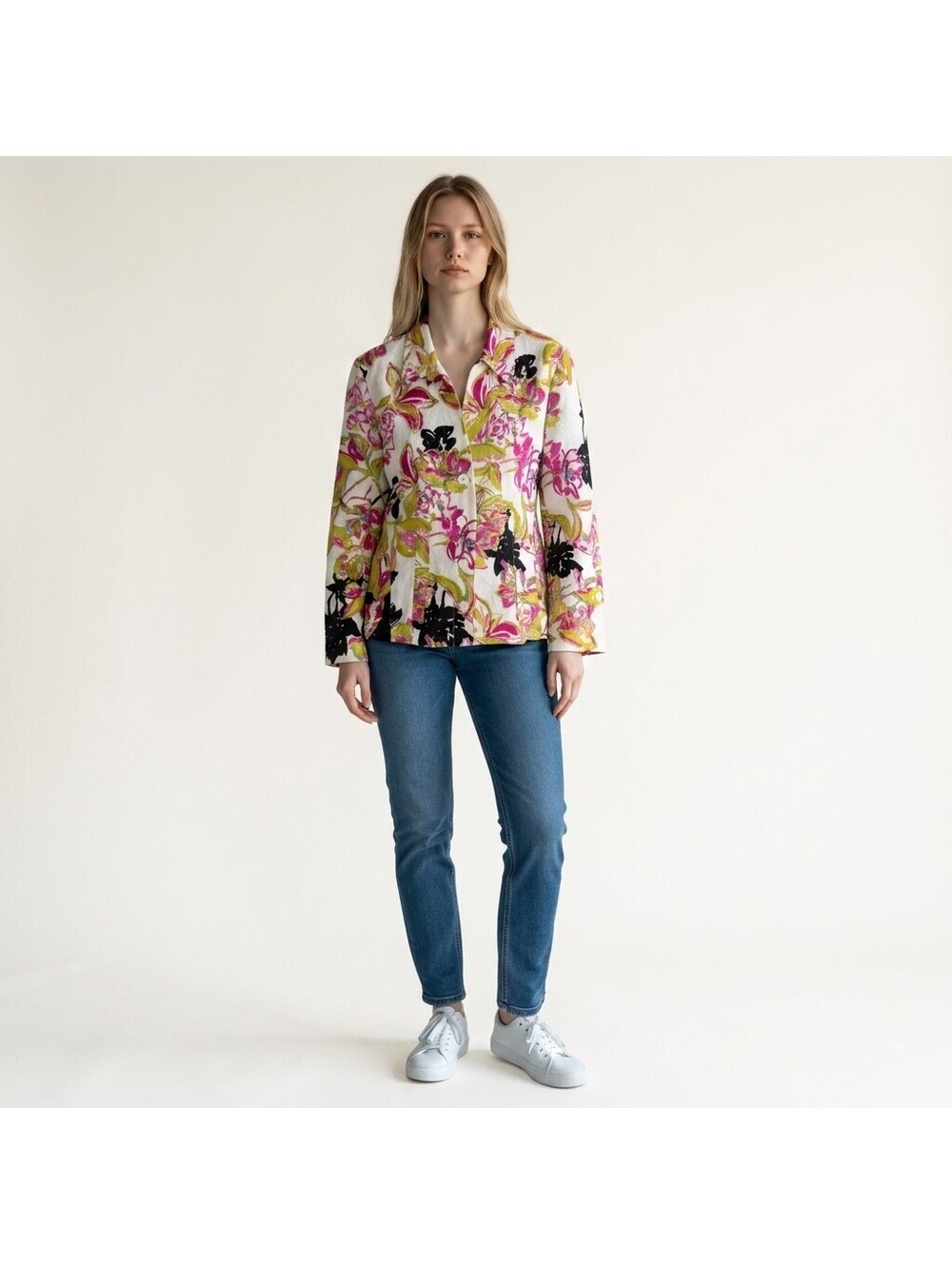 Brooke Coleman Blazer Women L Large White Floral Button Up Collared Long Sleeve